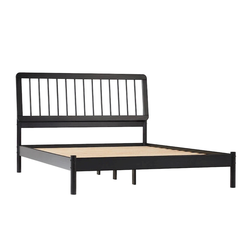 Lit Queen en bois massif à fuseaux, Caramel / Pin naturel / Noir, Convient pour 2 personnes