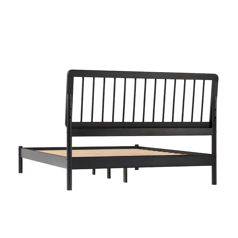 Lit Queen en bois massif à fuseaux, Caramel / Pin naturel / Noir, Convient pour 2 personnes