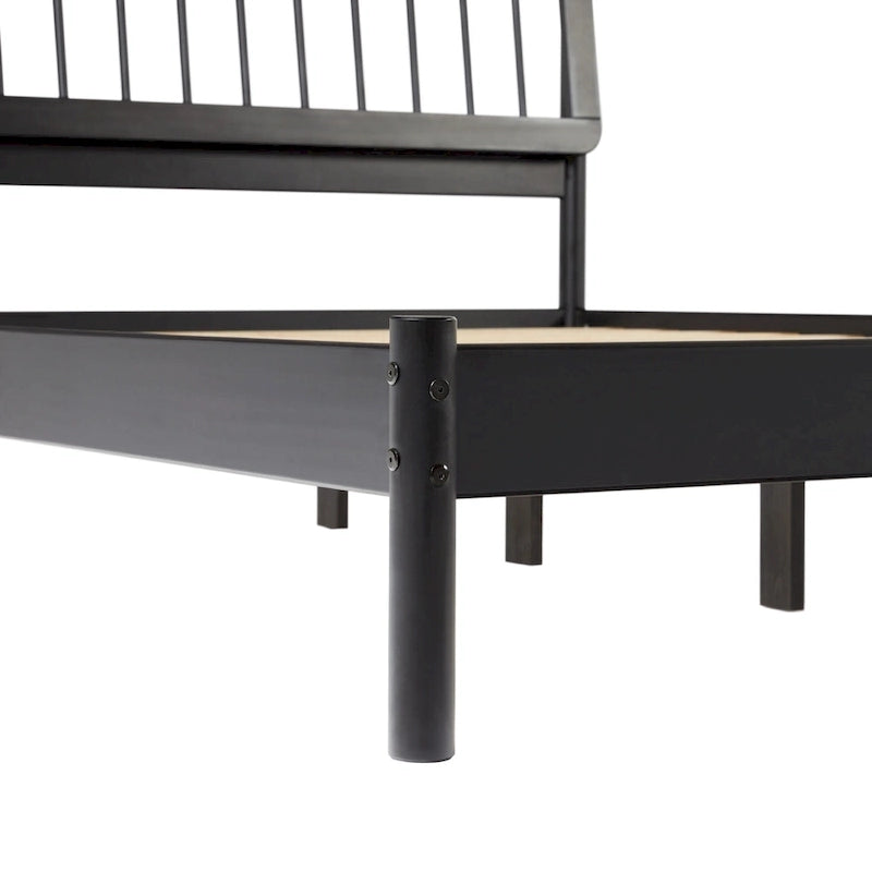 Lit Queen en bois massif à fuseaux, Caramel / Pin naturel / Noir, Convient pour 2 personnes