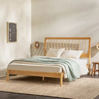 Lit Queen en bois massif à fuseaux, Caramel / Pin naturel / Noir, Convient pour 2 personnes