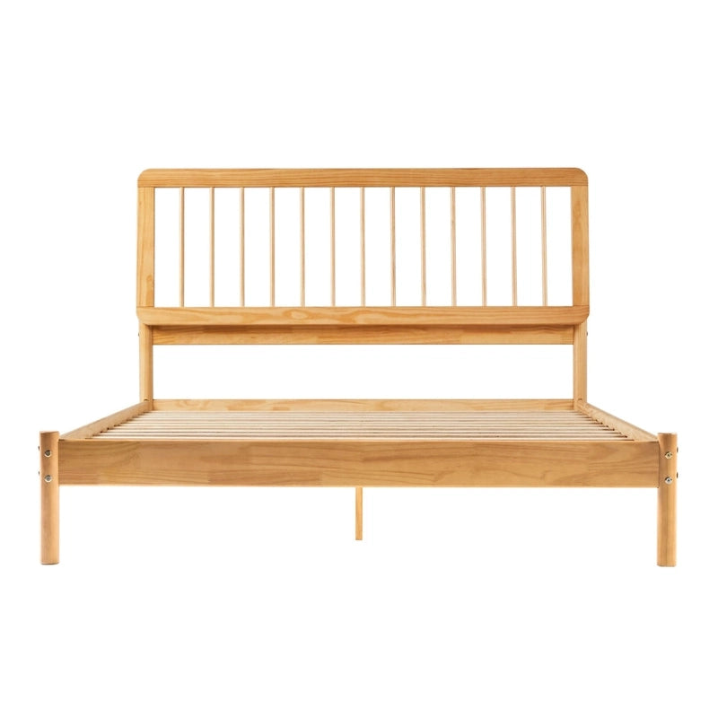 Lit Queen en bois massif à fuseaux, Caramel / Pin naturel / Noir, Convient pour 2 personnes