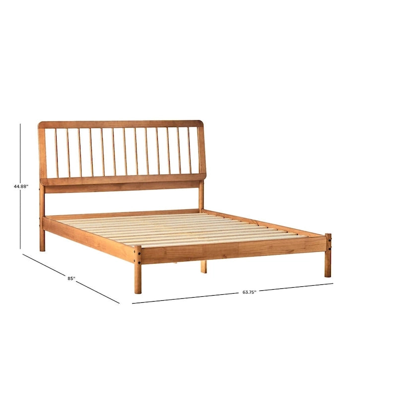 Lit Queen en bois massif à fuseaux, Caramel / Pin naturel / Noir, Convient pour 2 personnes
