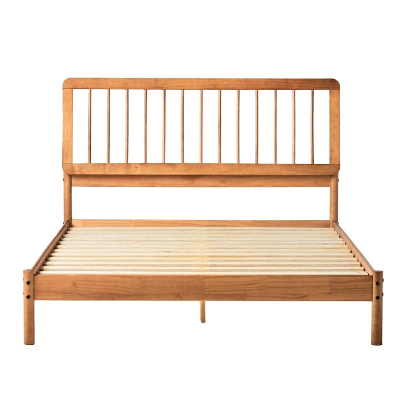 Lit Queen en bois massif à fuseaux, Caramel / Pin naturel / Noir, Convient pour 2 personnes