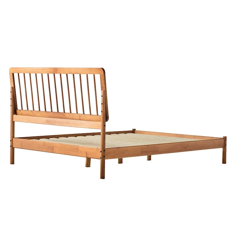Lit Queen en bois massif à fuseaux, Caramel / Pin naturel / Noir, Convient pour 2 personnes
