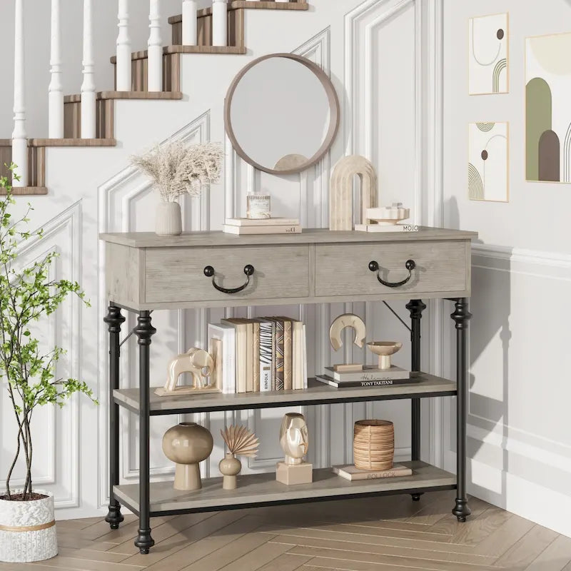 Table console étroite avec 2 tiroirs et étagères, Gris/Marron, 1-2 personnes