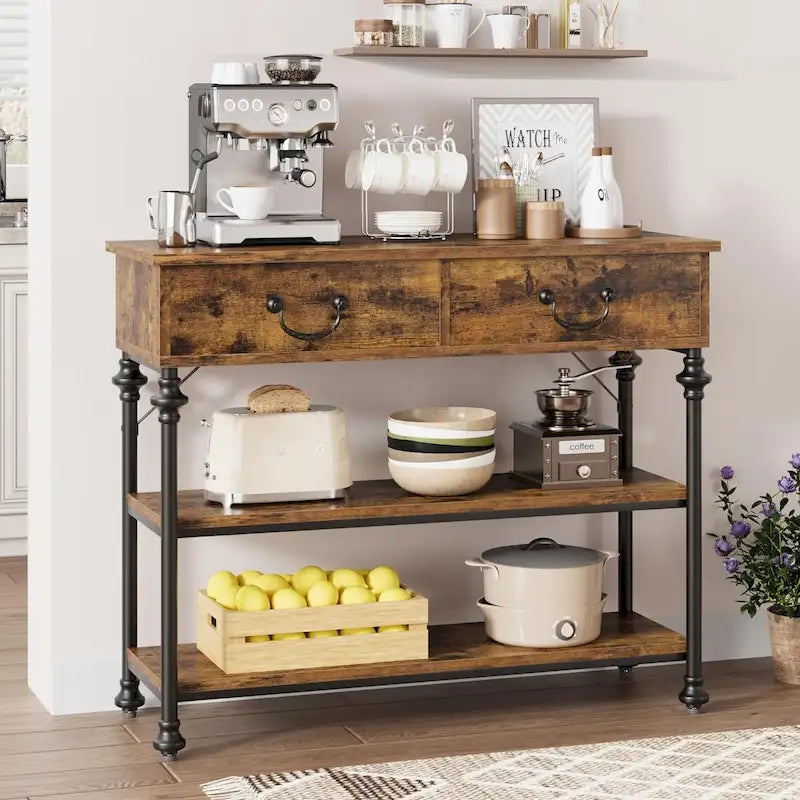 Table console étroite avec 2 tiroirs et étagères, Gris/Marron, 1-2 personnes