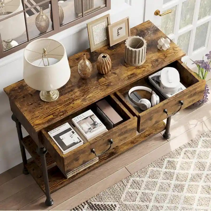 Table console étroite avec 2 tiroirs et étagères, Gris/Marron, 1-2 personnes