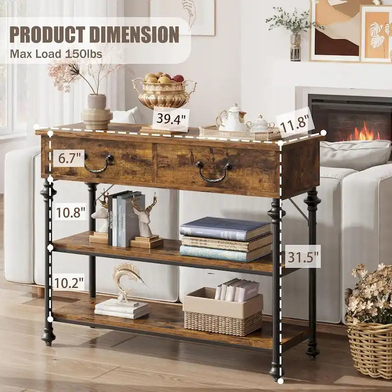 Table console étroite avec 2 tiroirs et étagères, Gris/Marron, 1-2 personnes