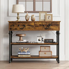 Table console étroite avec 2 tiroirs et étagères, Gris/Marron, 1-2 personnes