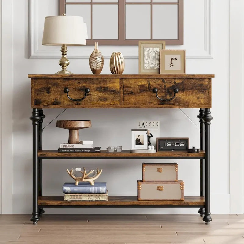 Table console étroite avec 2 tiroirs et étagères, Gris/Marron, 1-2 personnes