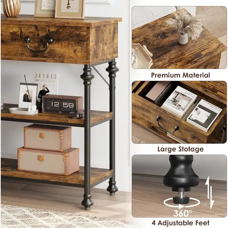 Table console étroite avec 2 tiroirs et étagères, Gris/Marron, 1-2 personnes