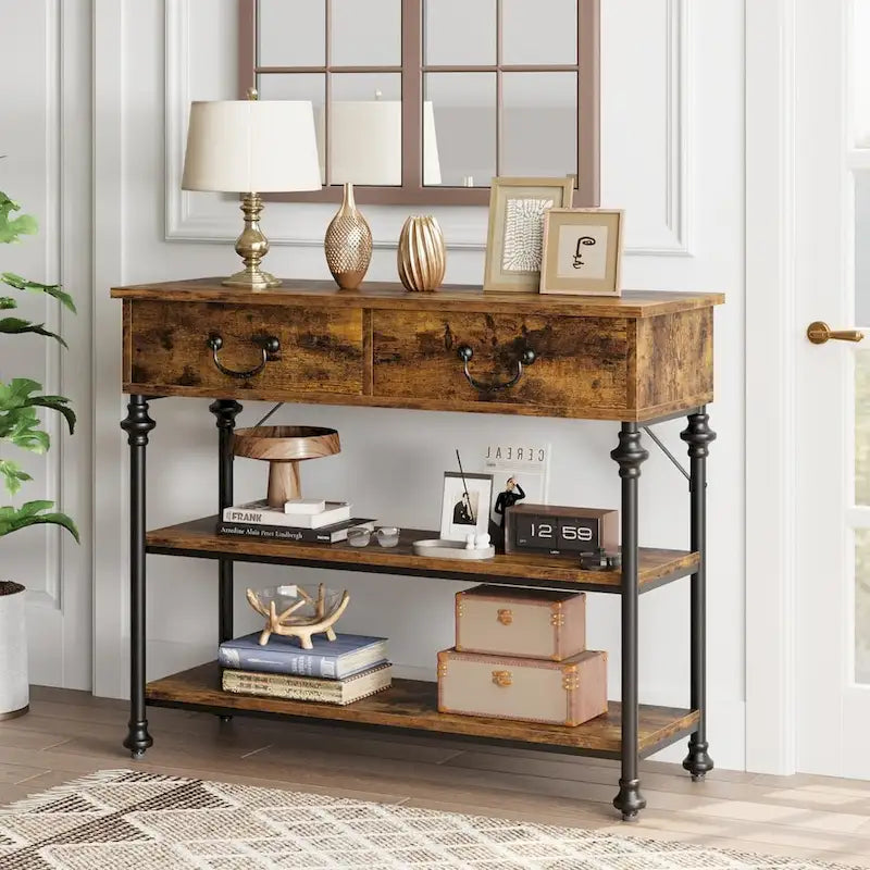 Table console étroite avec 2 tiroirs et étagères, Gris/Marron, 1-2 personnes