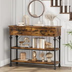 Table console étroite avec 2 tiroirs et étagères, Gris/Marron, 1-2 personnes