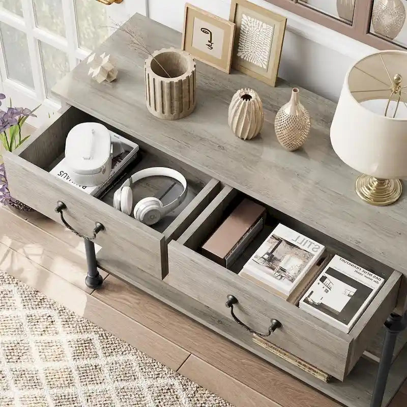 Table console étroite avec 2 tiroirs et étagères, Gris/Marron, 1-2 personnes