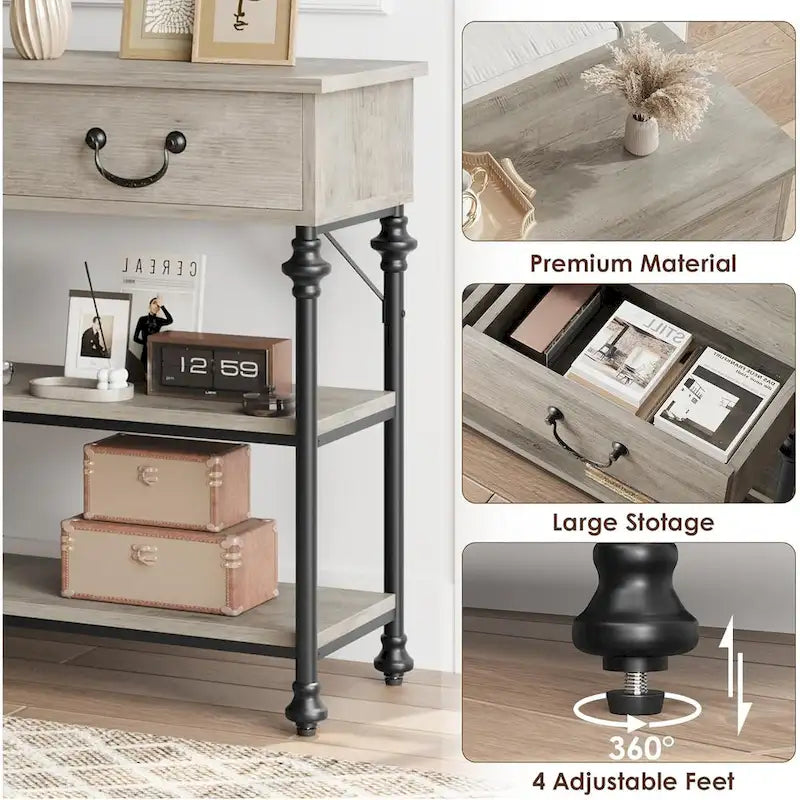 Table console étroite avec 2 tiroirs et étagères, Gris/Marron, 1-2 personnes