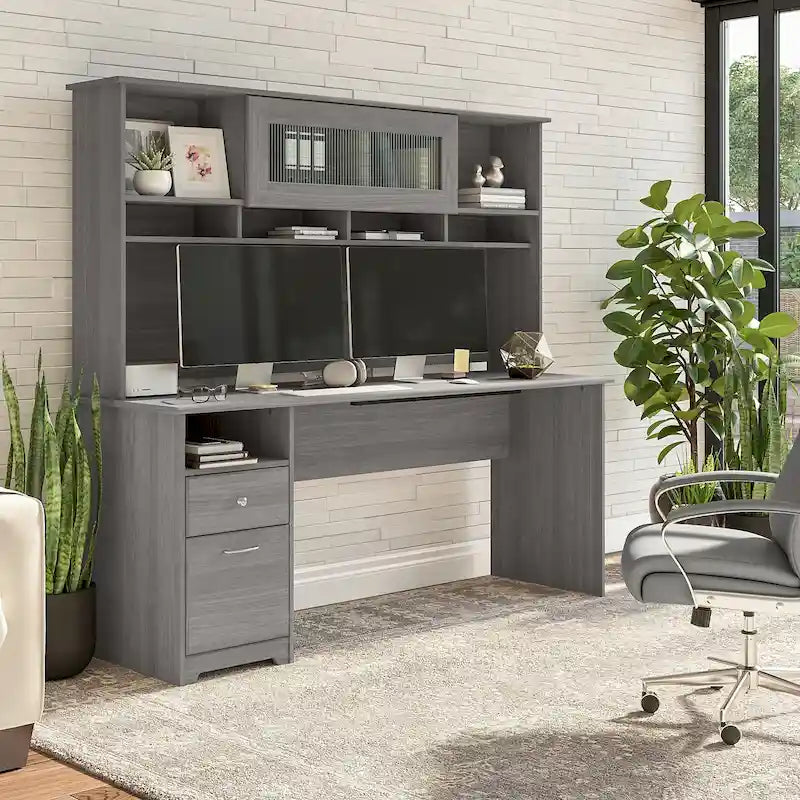 Bureau d'ordinateur de 183 cm avec huche et tiroirs — Couleurs variées, style transitionnel, 1 personne