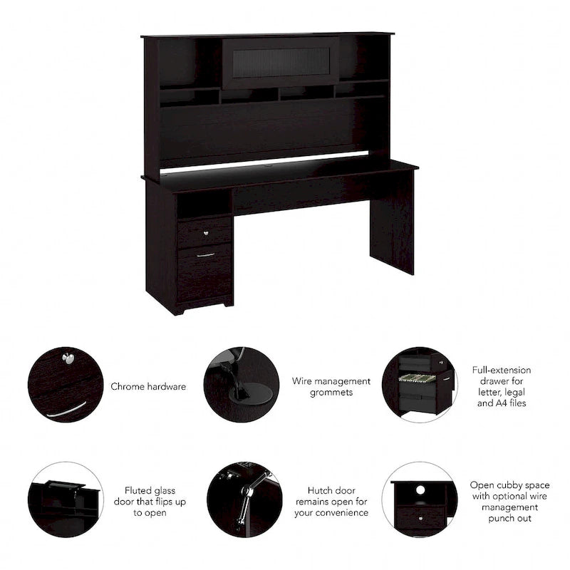 Bureau d'ordinateur de 183 cm avec huche et tiroirs — Couleurs variées, style transitionnel, 1 personne