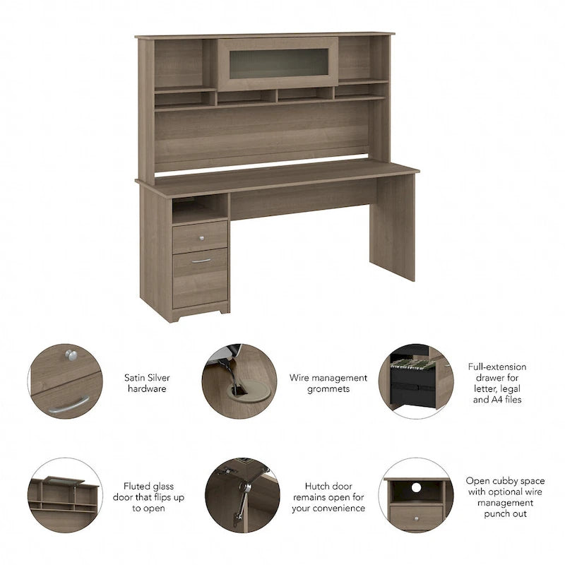 Bureau d'ordinateur de 183 cm avec huche et tiroirs — Couleurs variées, style transitionnel, 1 personne