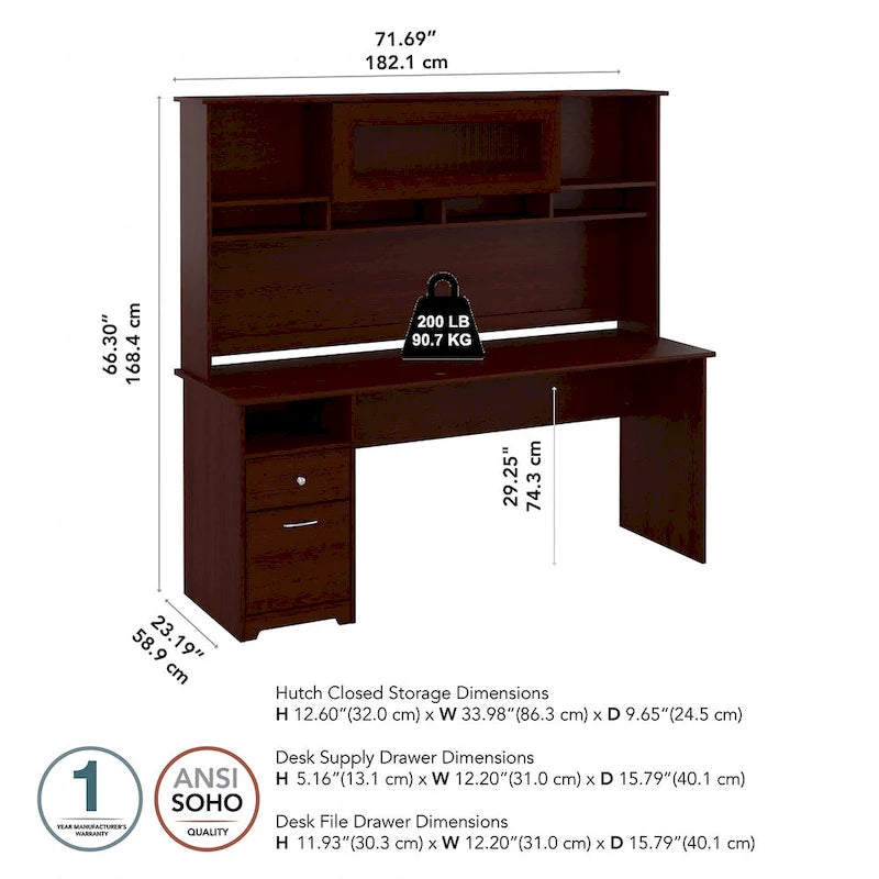 Bureau d'ordinateur de 183 cm avec huche et tiroirs — Couleurs variées, style transitionnel, 1 personne