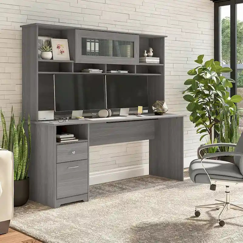 Bureau d'ordinateur de 183 cm avec huche et tiroirs — Couleurs variées, style transitionnel, 1 personne