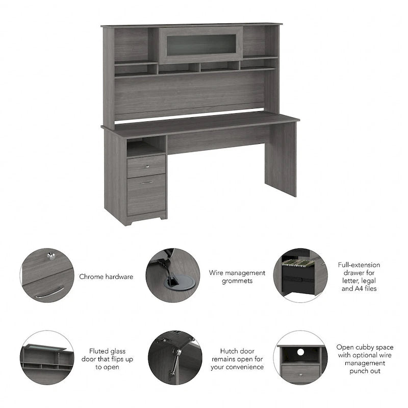 Bureau d'ordinateur de 183 cm avec huche et tiroirs — Couleurs variées, style transitionnel, 1 personne