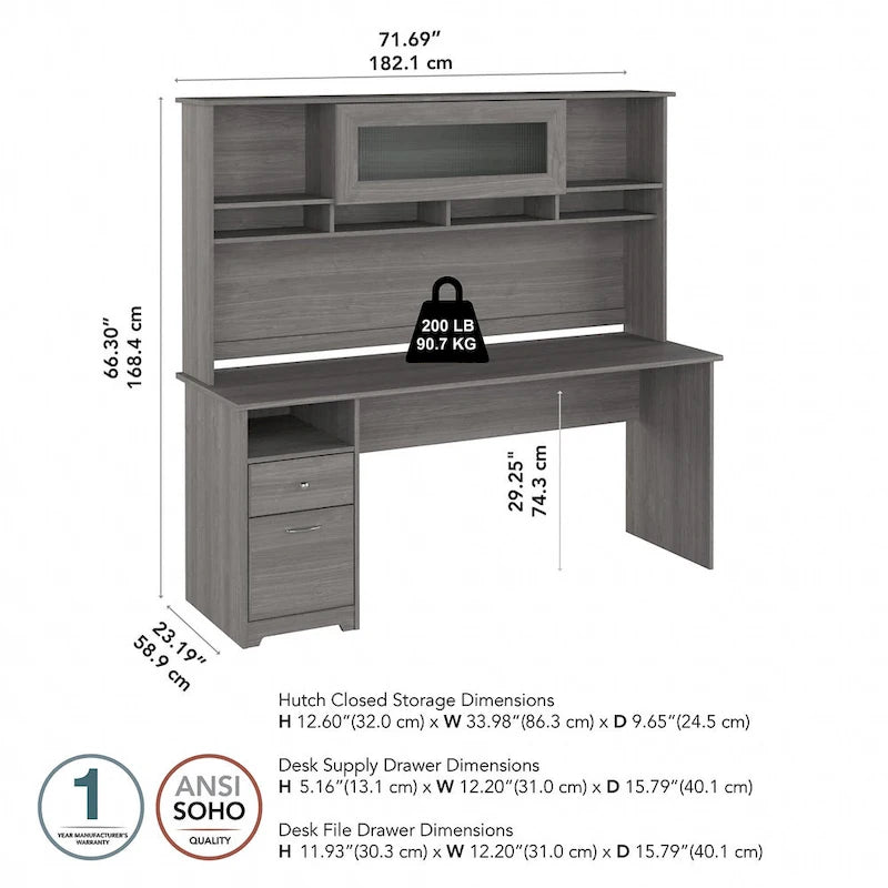 Bureau d'ordinateur de 183 cm avec huche et tiroirs — Couleurs variées, style transitionnel, 1 personne