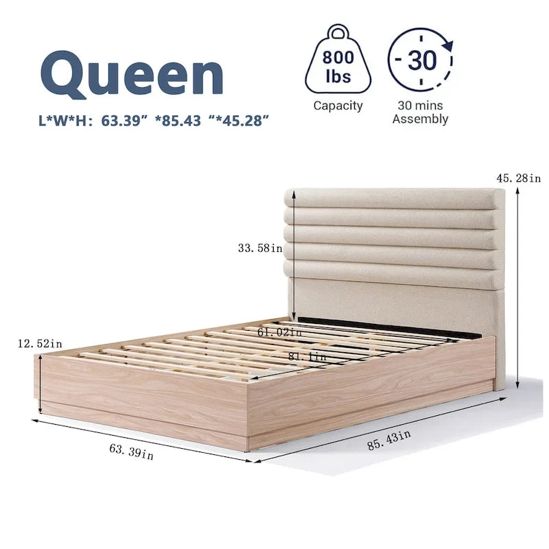 Lit plateforme queen en tissu bouclé taupe avec tête de lit