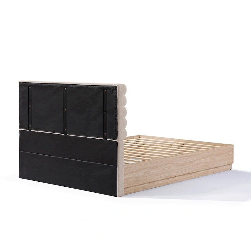 Lit plateforme queen en tissu bouclé taupe avec tête de lit