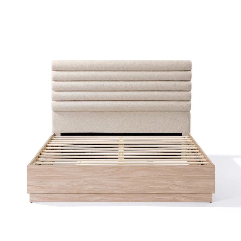 Lit plateforme queen en tissu bouclé taupe avec tête de lit
