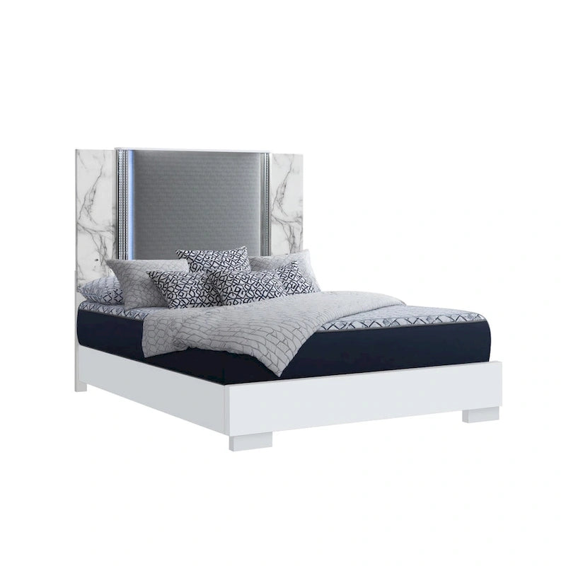 Cadre de lit double LED en similicuir et bois blanc et gris (1 place)