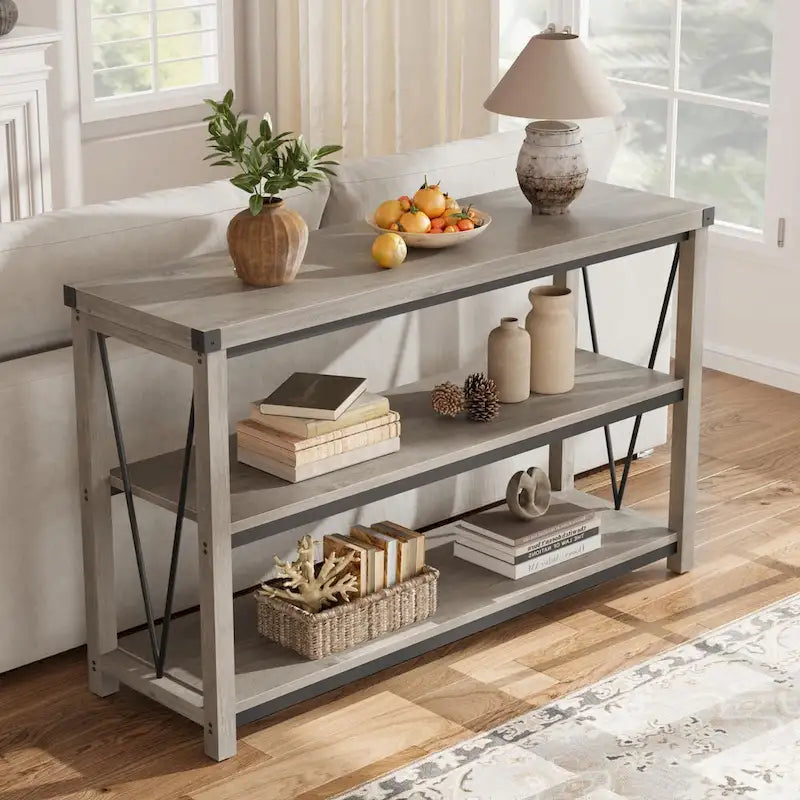Console étroite à 3 niveaux marron/gris, 120 cm — 1 personne