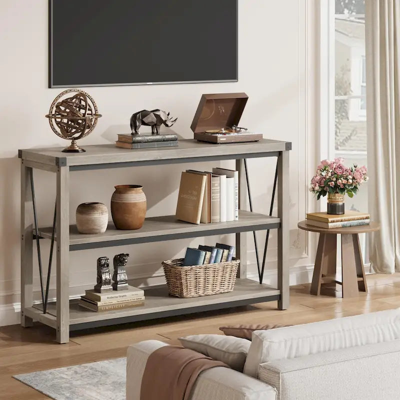 Console étroite à 3 niveaux marron/gris, 120 cm — 1 personne