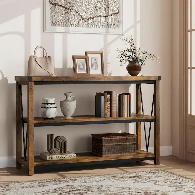 Console étroite à 3 niveaux marron/gris, 120 cm — 1 personne