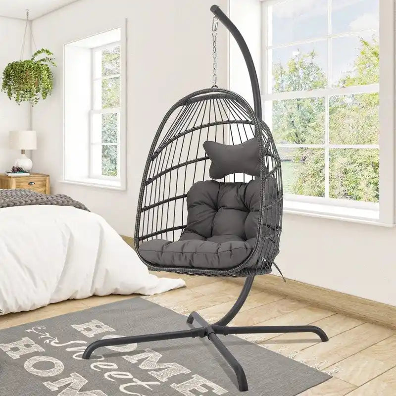Fauteuil suspendu œuf avec support, 1 personne, gris foncé / gris clair / beige / marron / bleu bébé