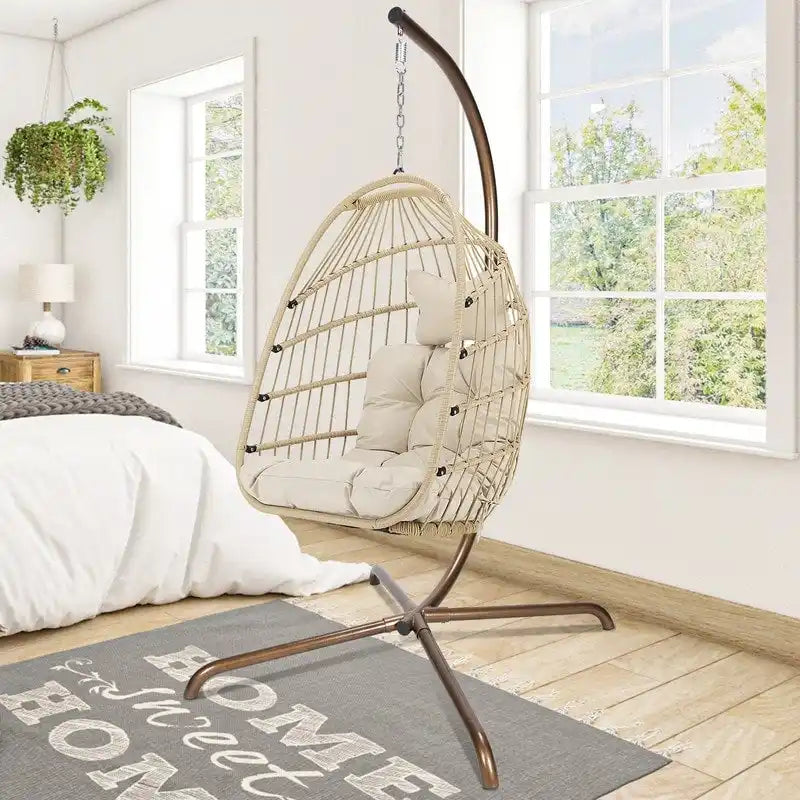 Fauteuil suspendu œuf avec support, 1 personne, gris foncé / gris clair / beige / marron / bleu bébé