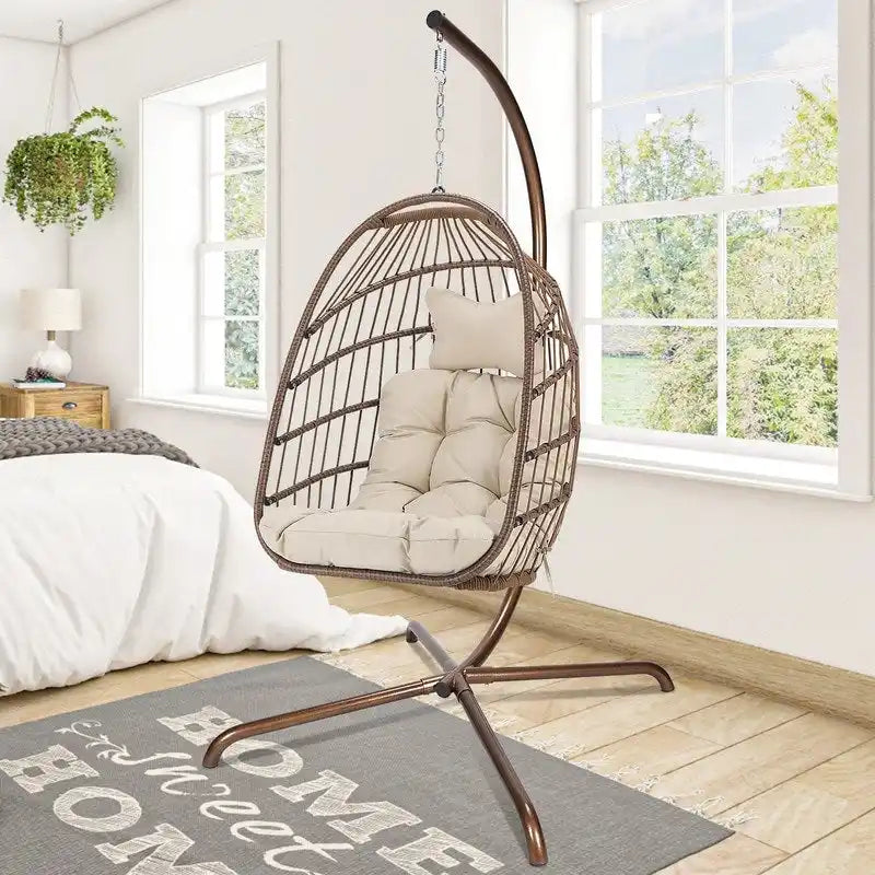 Fauteuil suspendu œuf avec support, 1 personne, gris foncé / gris clair / beige / marron / bleu bébé