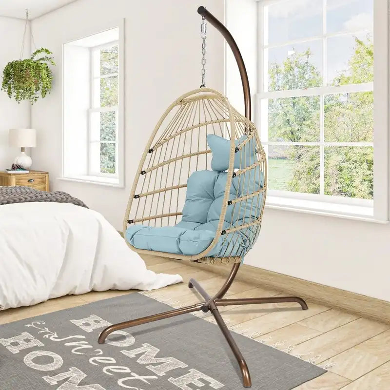 Fauteuil suspendu œuf avec support, 1 personne, gris foncé / gris clair / beige / marron / bleu bébé