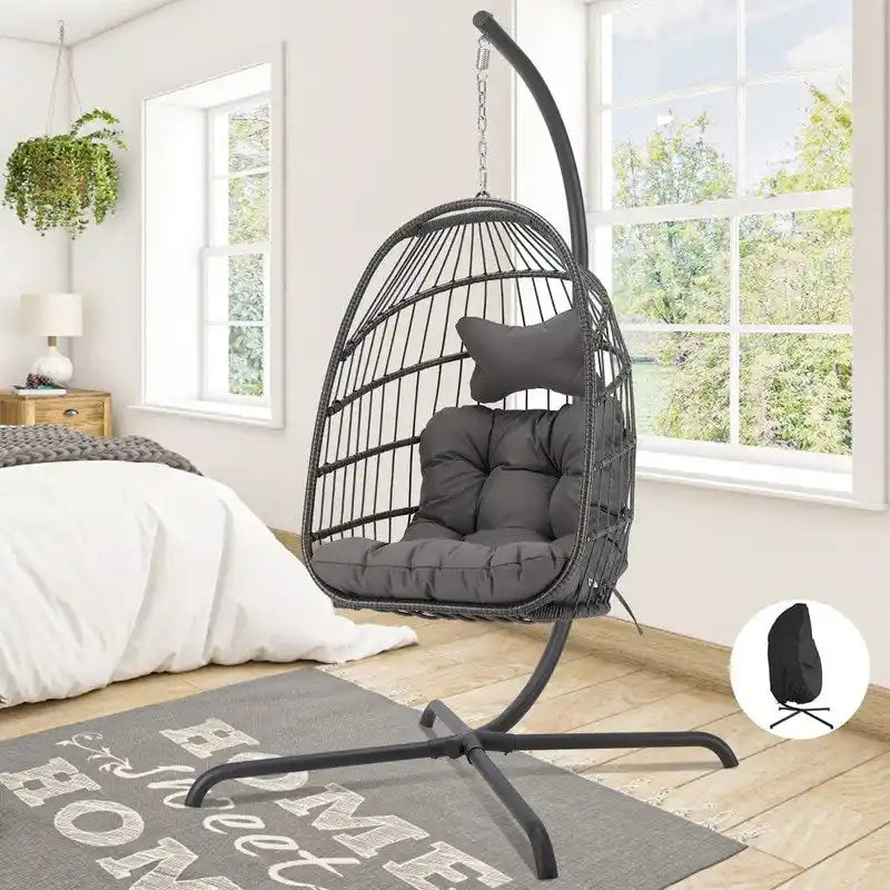 Fauteuil suspendu œuf avec support, 1 personne, gris foncé / gris clair / beige / marron / bleu bébé