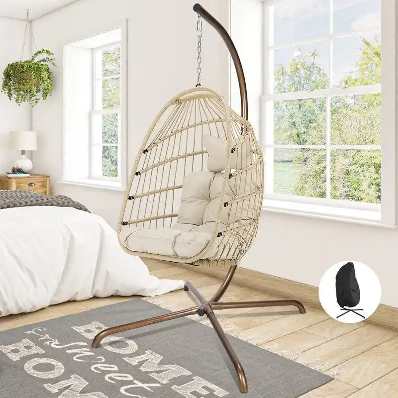 Fauteuil suspendu œuf avec support, 1 personne, gris foncé / gris clair / beige / marron / bleu bébé