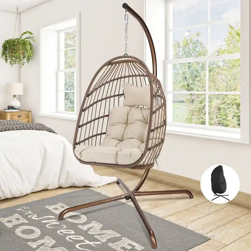 Fauteuil suspendu œuf avec support, 1 personne, gris foncé / gris clair / beige / marron / bleu bébé