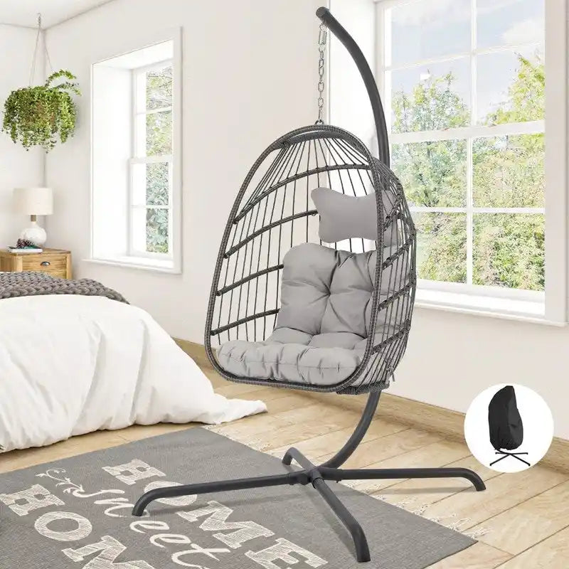 Fauteuil suspendu œuf avec support, 1 personne, gris foncé / gris clair / beige / marron / bleu bébé