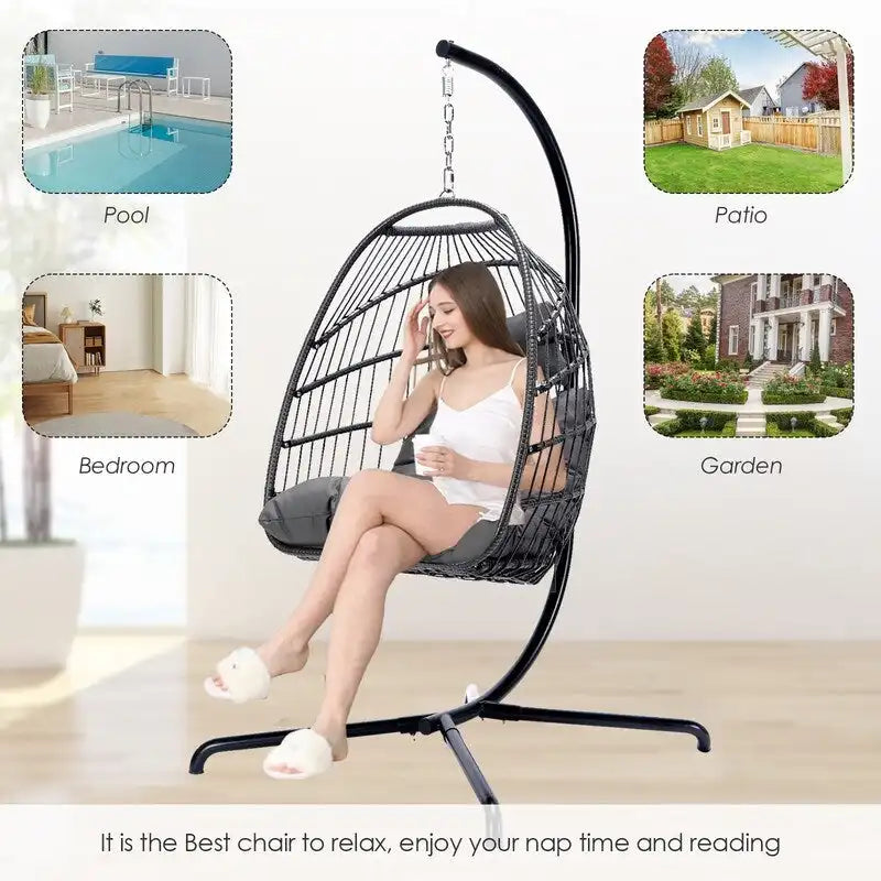 Fauteuil suspendu œuf avec support, 1 personne, gris foncé / gris clair / beige / marron / bleu bébé