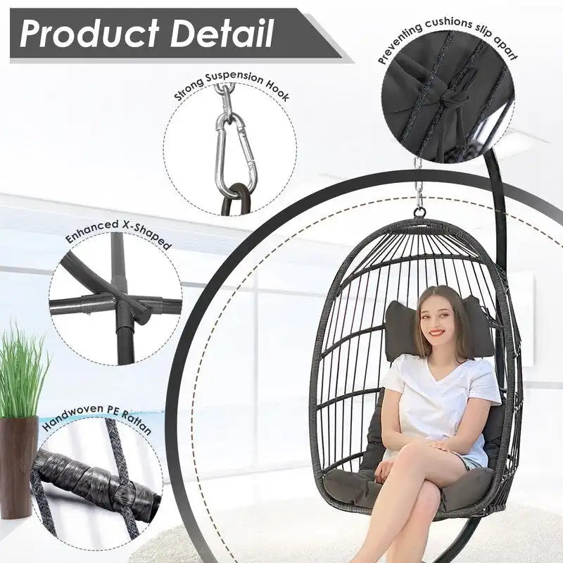 Fauteuil suspendu œuf avec support, 1 personne, gris foncé / gris clair / beige / marron / bleu bébé