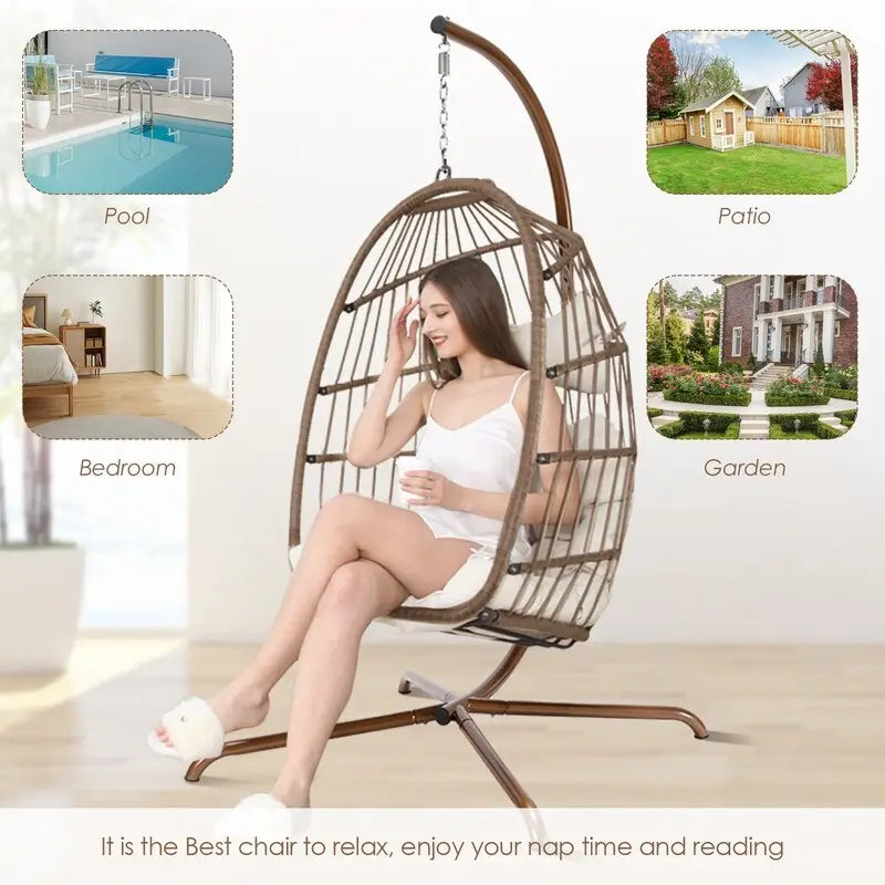 Fauteuil suspendu œuf avec support, 1 personne, gris foncé / gris clair / beige / marron / bleu bébé