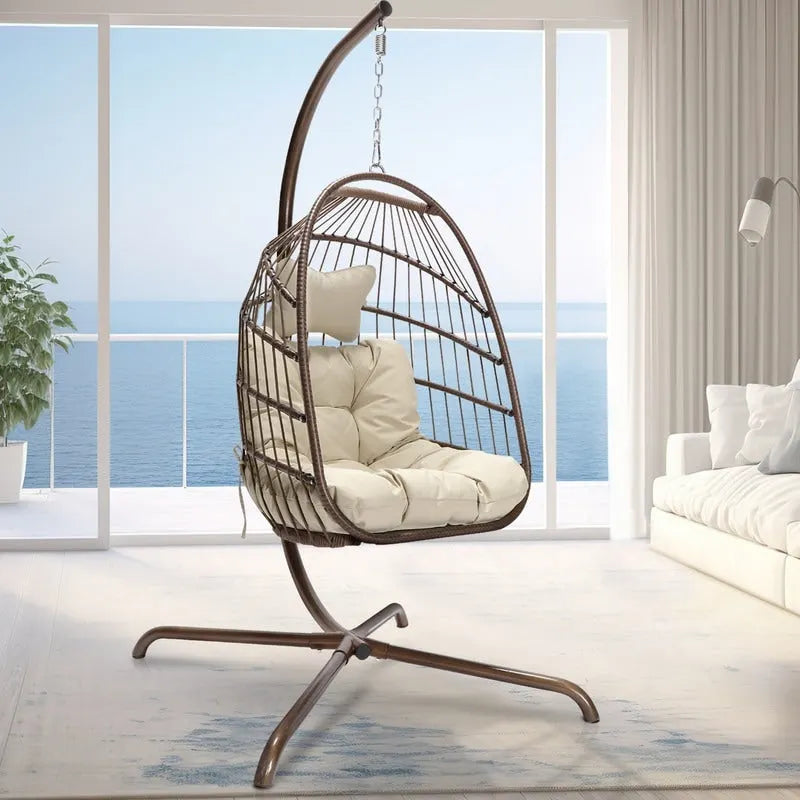 Fauteuil suspendu œuf avec support, 1 personne, gris foncé / gris clair / beige / marron / bleu bébé