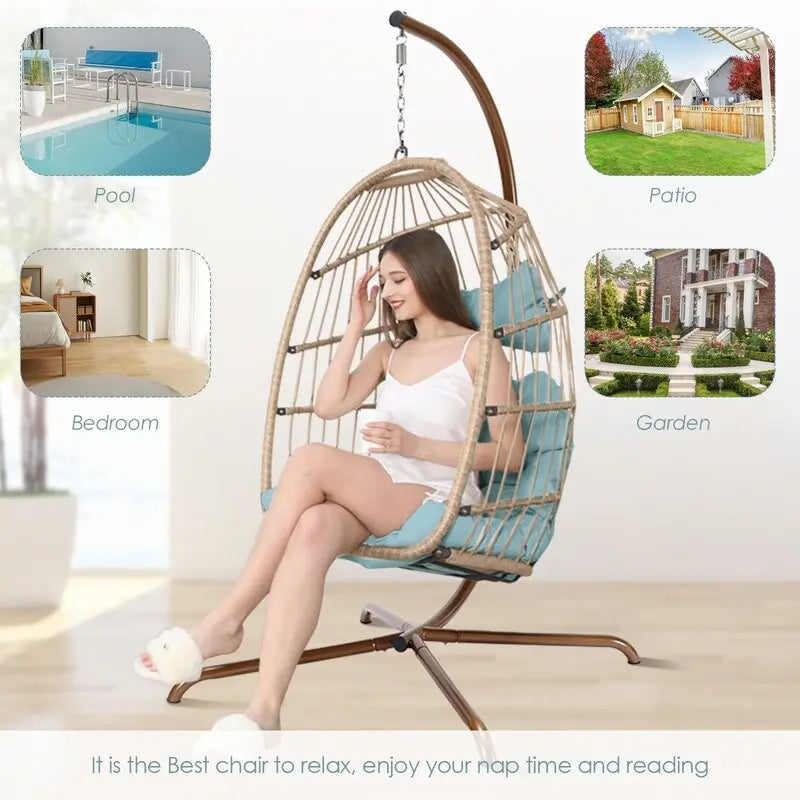 Fauteuil suspendu œuf avec support, 1 personne, gris foncé / gris clair / beige / marron / bleu bébé