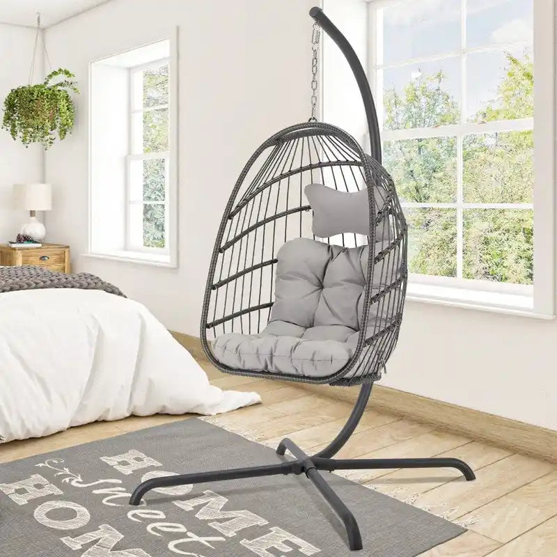 Fauteuil suspendu œuf avec support, 1 personne, gris foncé / gris clair / beige / marron / bleu bébé