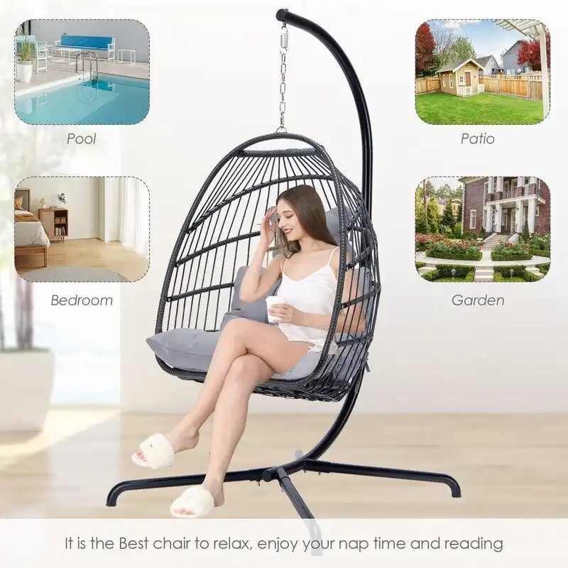 Fauteuil suspendu œuf avec support, 1 personne, gris foncé / gris clair / beige / marron / bleu bébé