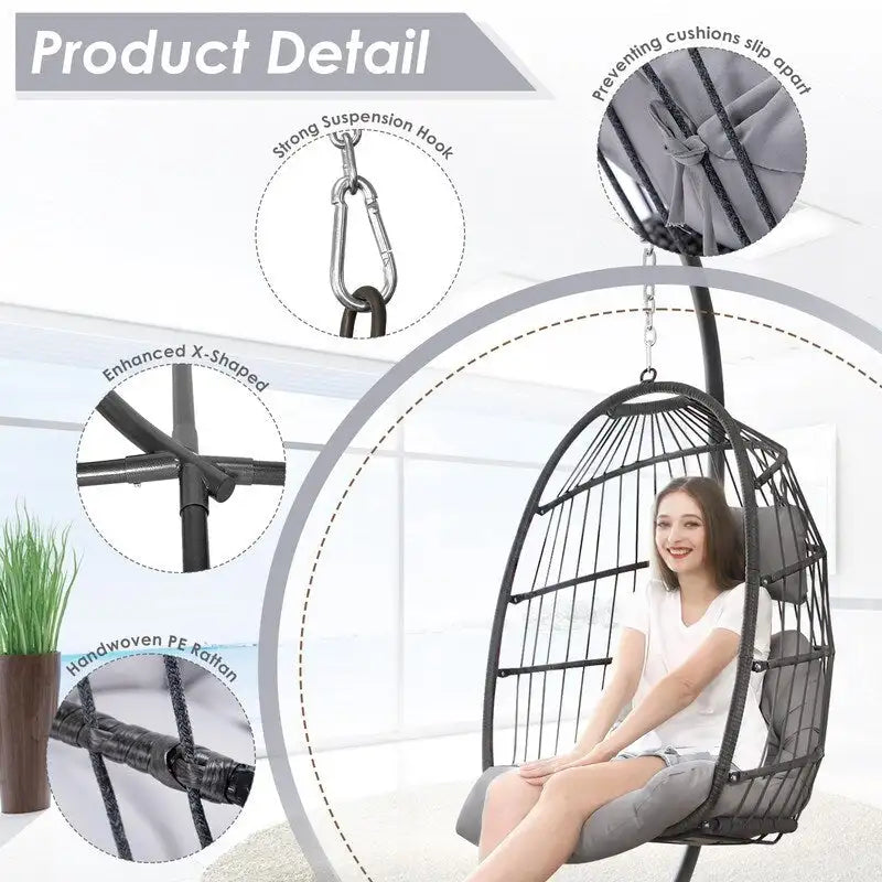 Fauteuil suspendu œuf avec support, 1 personne, gris foncé / gris clair / beige / marron / bleu bébé