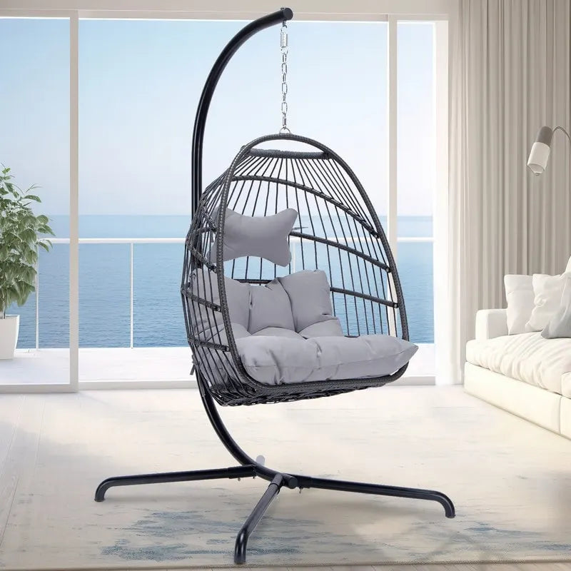 Fauteuil suspendu œuf avec support, 1 personne, gris foncé / gris clair / beige / marron / bleu bébé